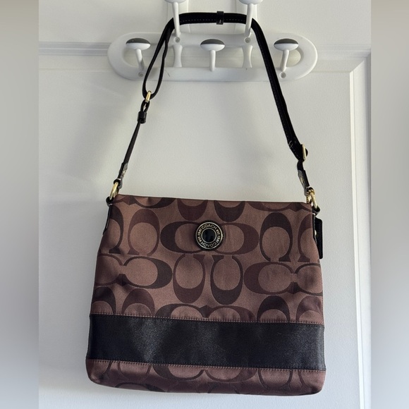 Coach Handbags - Coach Signature Brown And Black‎ Crossbody Bag With Leather Trim